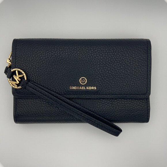 Michael Kors Black Pebbled Leather Card/ID/Cell Case Clutch Wristlet Purse - Picture 1 of 7
